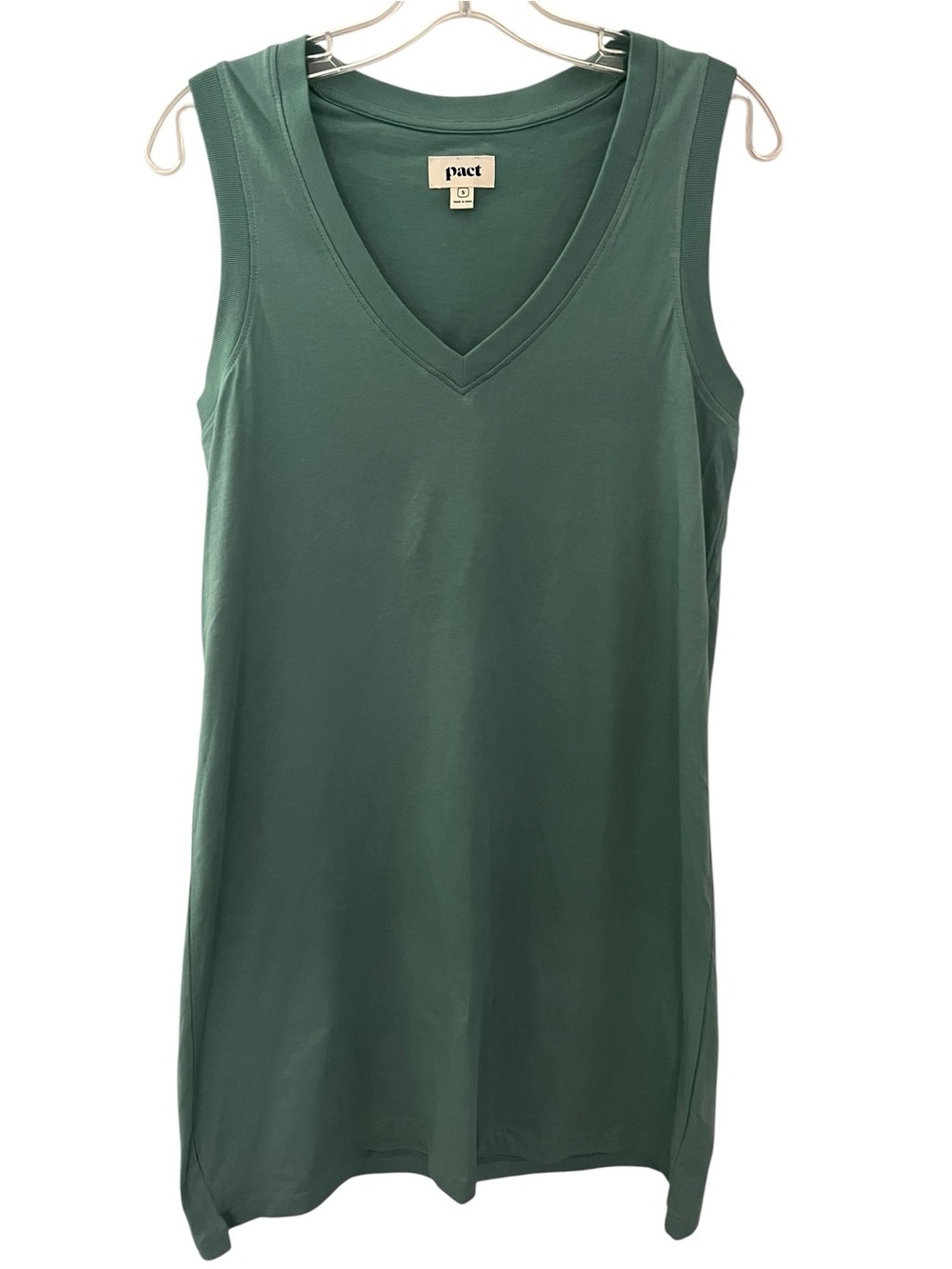 Pact Organic Cotton Softspun A-Line Tank Dress Green V-Neck Sleeveless Small